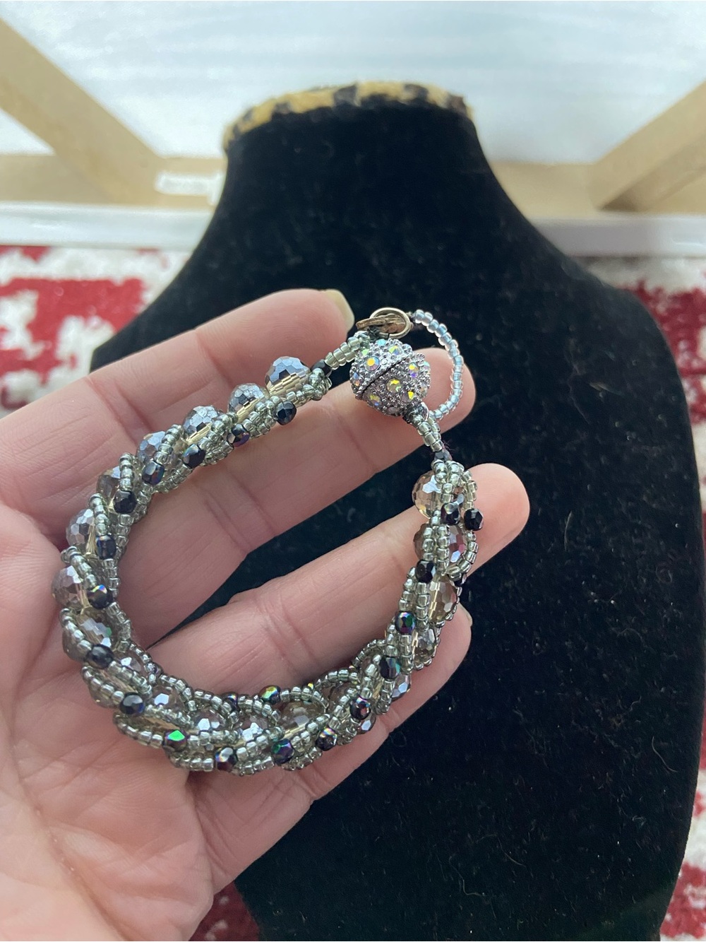 Faceted and Seed Bead Bracelet - Smoky Gray and Black
